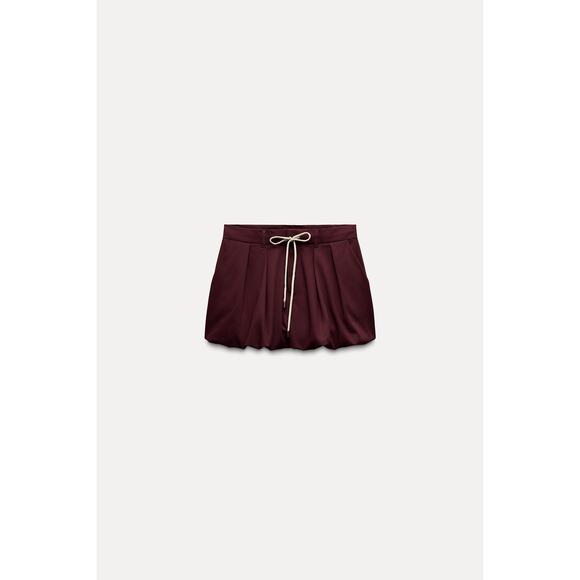 Zara Solid Maroon Balloon Drawstring Mini Skirt Size Medium - Picture 2 of 8